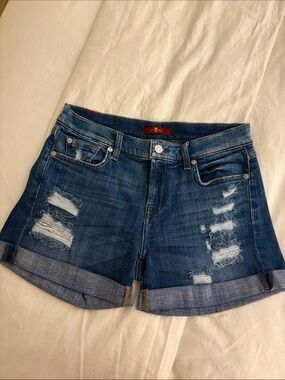 7 For All Mankind Blue Distressed Rolled-Hem Jean Shorts